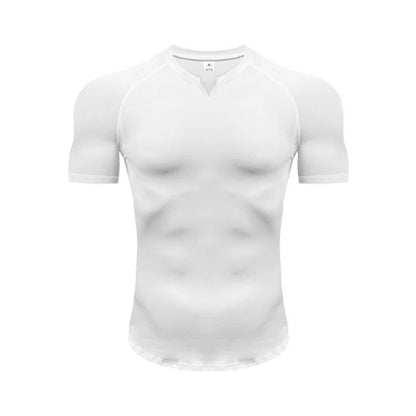 Mens Running T-shirts Solid Slim Fit V-neck Fitness T Shirt Tight Gym Clothing Bodybuilding Workout Quick Dry Training Tee Shirt