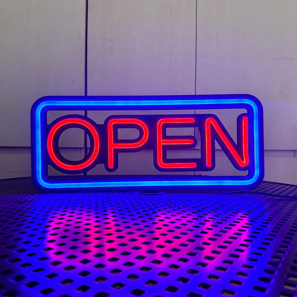 LED neon lights, store business signs, blue flashing lights, OPEN signs for shops and bars