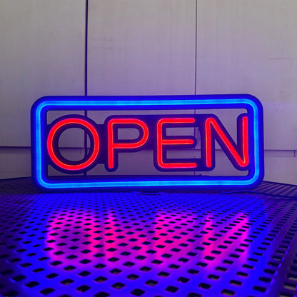 LED neon lights, store business signs, blue flashing lights, OPEN signs for shops and bars