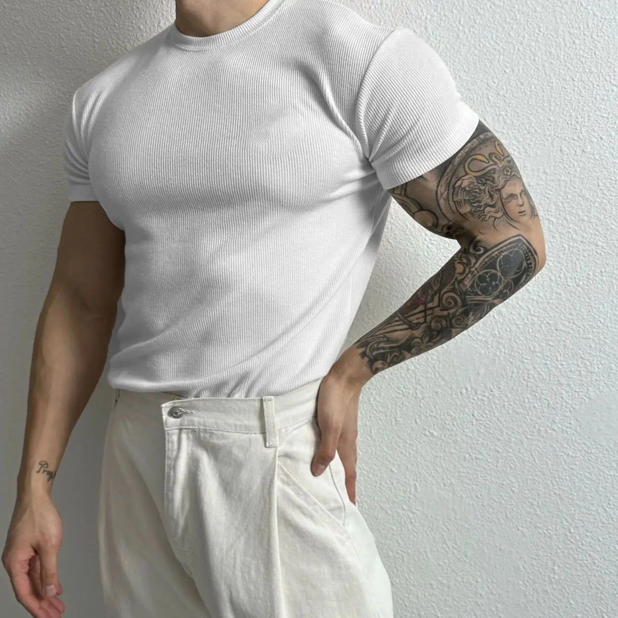 Summer Men Short Sleeve Slim Fitness T-Shirts Streetwear Fashion Solid Versatile Casual Sports Training Sweat Black Knitted Tops