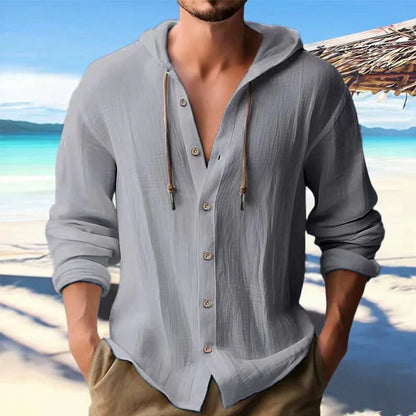 Men's Linen Shirt Solid Streetwear Long Sleeve Hoodie Cardigan Clothing For Men Button Tops Casual Loose Men Hooded Shirt