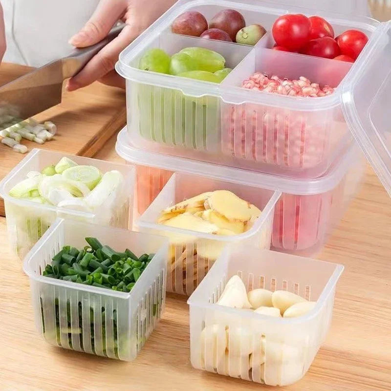 Refrigerator Preservation Box Transparent Double-layer Sealed Box Vegetable Fruit Spring Onion Ginger Garlic Food Grade Drain
