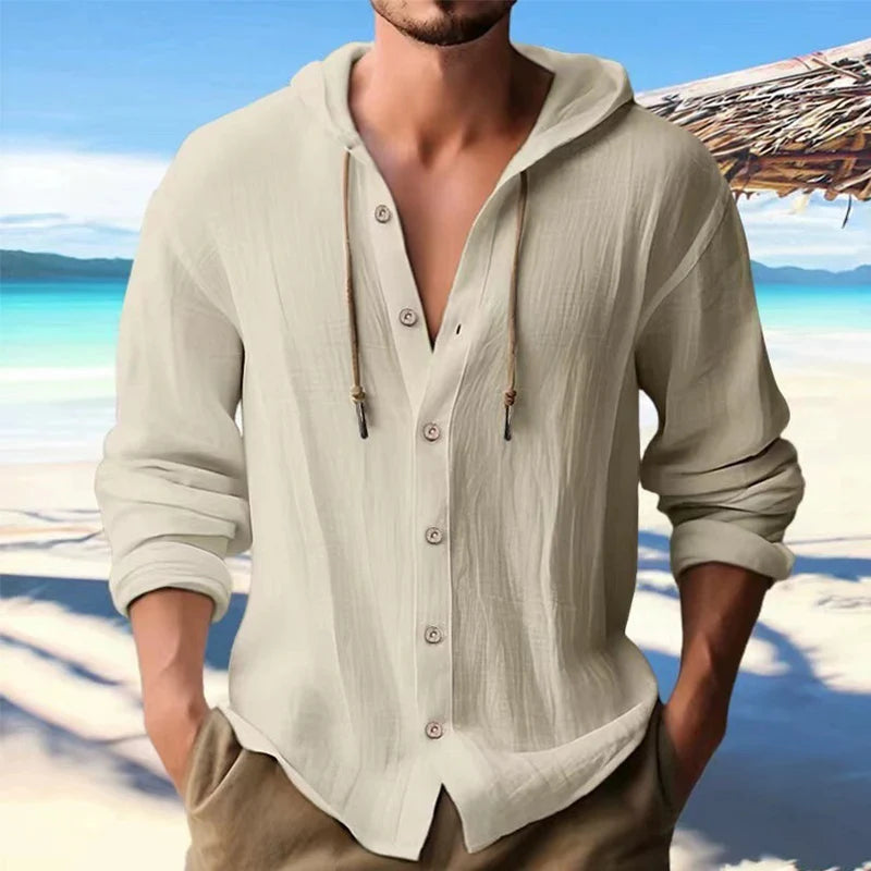 Men's Linen Shirt Solid Streetwear Long Sleeve Hoodie Cardigan Clothing For Men Button Tops Casual Loose Men Hooded Shirt
