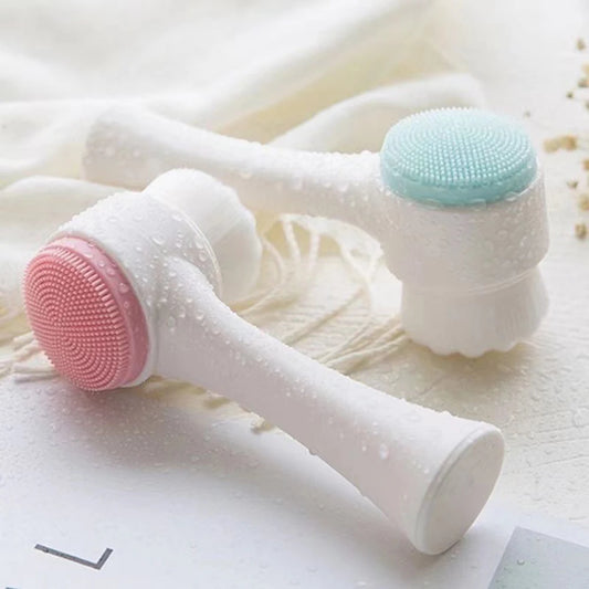 3D Double Side Face Washing Brush with OFT Fur Silica Instrument for Home Based Manual Face Clean and Pores Deep Cleanin