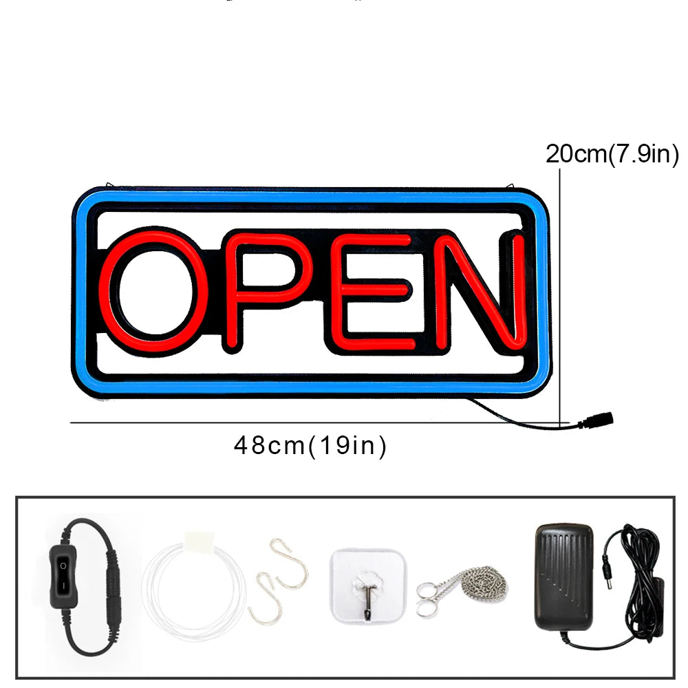 LED neon lights, store business signs, blue flashing lights, OPEN signs for shops and bars
