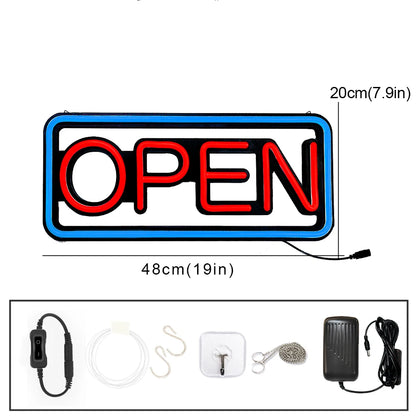 LED neon lights, store business signs, blue flashing lights, OPEN signs for shops and bars