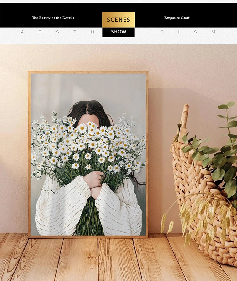 Canvas Wall Art Woman with Flower Portrait Painting Print for Bedroom Nordic Girl Home Decor Abstract Minimalism Poster