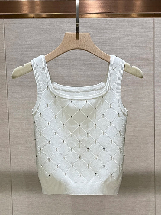 Sexy Diamond Rhinestone Vest Top Strapl Square Collar Base Knittedwear Breathable Pure Color Commute Sle Women's Tank Top