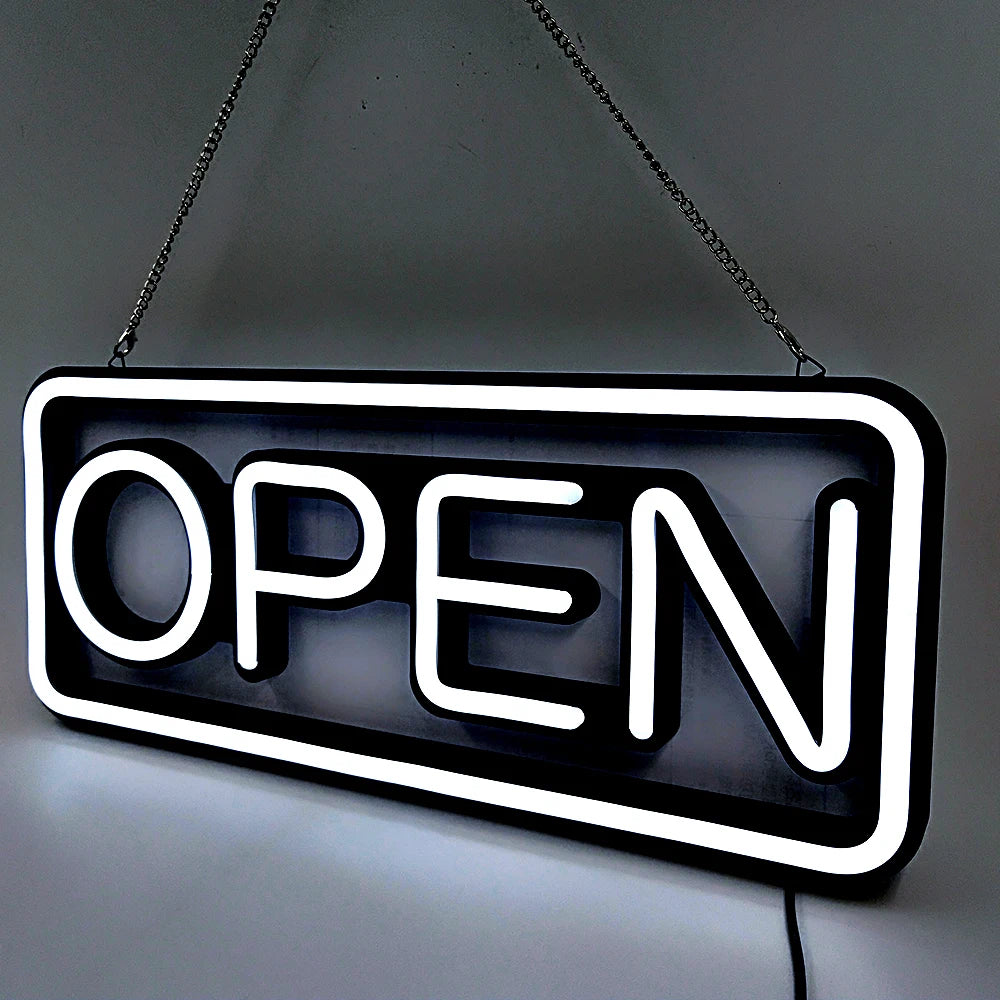 LED neon lights, store business signs, blue flashing lights, OPEN signs for shops and bars