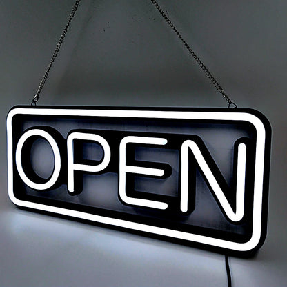 LED neon lights, store business signs, blue flashing lights, OPEN signs for shops and bars