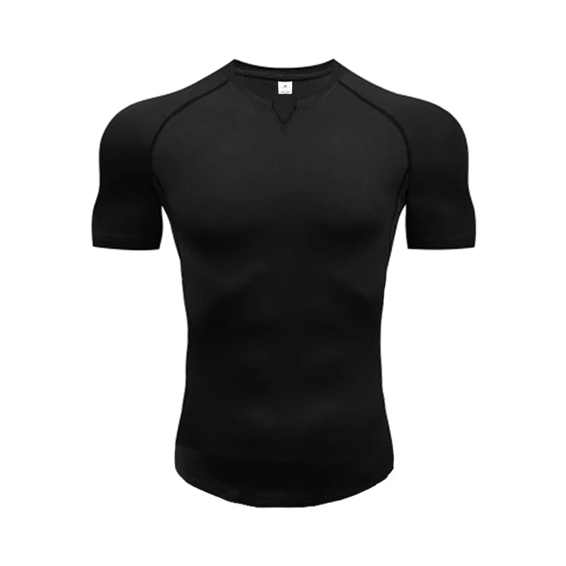 Mens Running T-shirts Solid Slim Fit V-neck Fitness T Shirt Tight Gym Clothing Bodybuilding Workout Quick Dry Training Tee Shirt