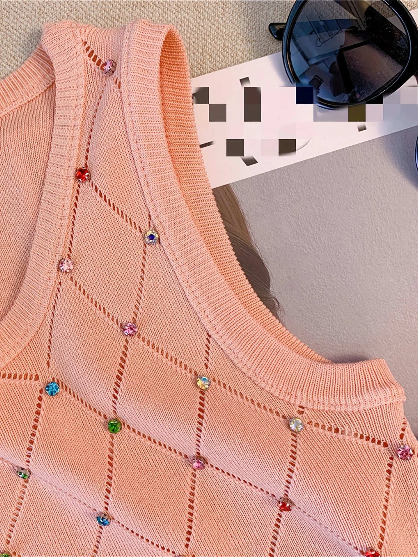 Colorful Rhinestone Knitted Tank Top Casual Crew Neck Sleeveless Tank Top For Summer  Women's Clothing Crop Top Camis