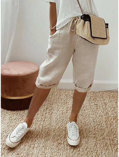 Shorts Women summer cotton linen elastic waist pocket elastic casual pants five quarter women's clothing YRW911