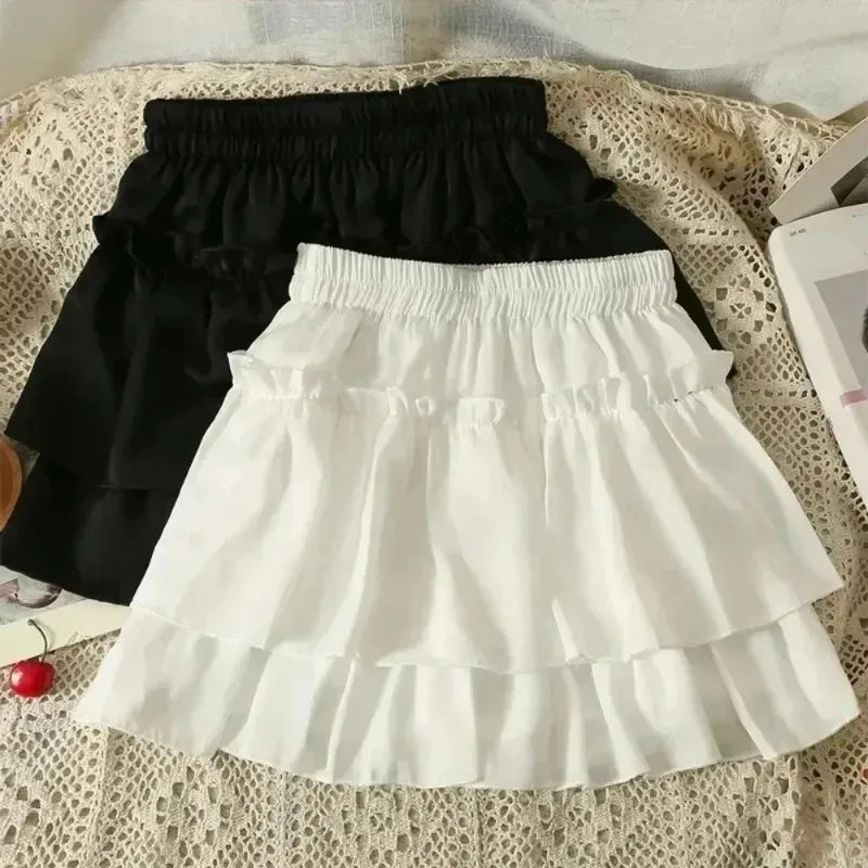 Summer Kawaii Mini A-line Skirt Adorable Flirty High Waist Ruffle Patchwork Lolita Ball Gown Y2K Korean Sweet Women's Clothing