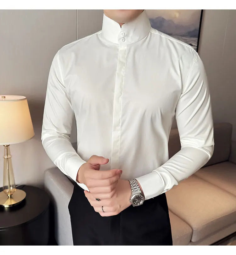 Mens Slim Fit Stand Shirt Fashion High collar Shirts Men Spring Autumn Solid Color Long Sleeve Korean Style Smart Casual Shirts