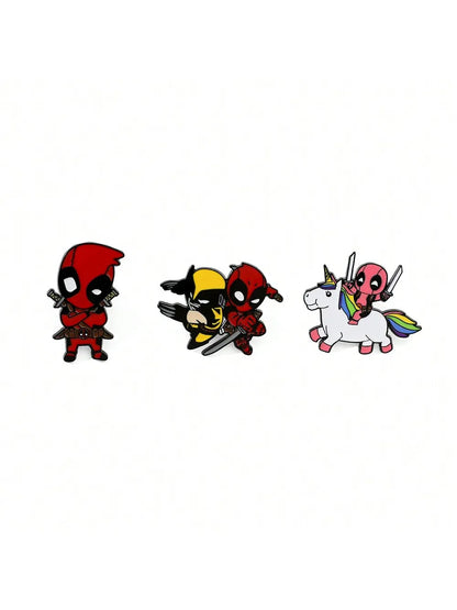3 Pcs cartoon characters Metal Badge Deadpool Enamel brooch Men's and women's Clothing Bags  Accessories Decorative pins