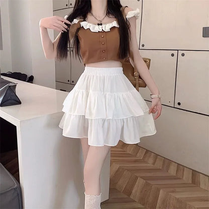 Summer Kawaii Mini A-line Skirt Adorable Flirty High Waist Ruffle Patchwork Lolita Ball Gown Y2K Korean Sweet Women's Clothing