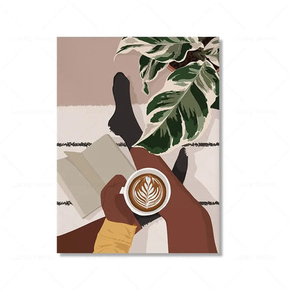 Wall Art Canvas Painting Fashion Black Girl African Woman Reading Posters Coffee Prints Home Wall Picture Living Room Decorat