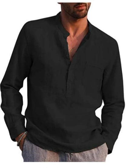Men's Linen Long Sleeve Shirt - Stand Collar, Button-Front, Single Chest Pocket Casual Tops for Spring Summer