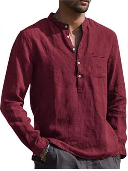 Men's Linen Long Sleeve Shirt - Stand Collar, Button-Front, Single Chest Pocket Casual Tops for Spring Summer