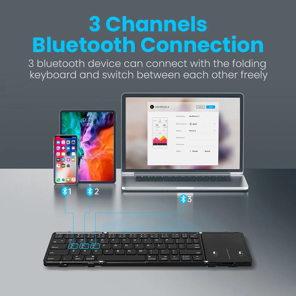 Foldable Bluetooth Keyboard with Touchpad Wireless Folding Keyboard with PU Leather for iOS Android Windows,Support 3 Devices