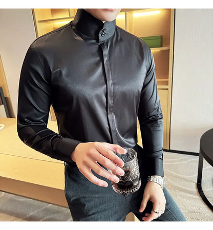Mens Slim Fit Stand Shirt Fashion High collar Shirts Men Spring Autumn Solid Color Long Sleeve Korean Style Smart Casual Shirts
