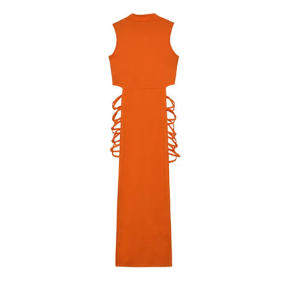 Women Sleeveless Turtleneck Bandage Tank Slit Dress Summer Fashion Sexy Slim Straps Dresses Long Hollow Out Irregular Vestidos