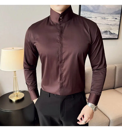 Mens Slim Fit Stand Shirt Fashion High collar Shirts Men Spring Autumn Solid Color Long Sleeve Korean Style Smart Casual Shirts