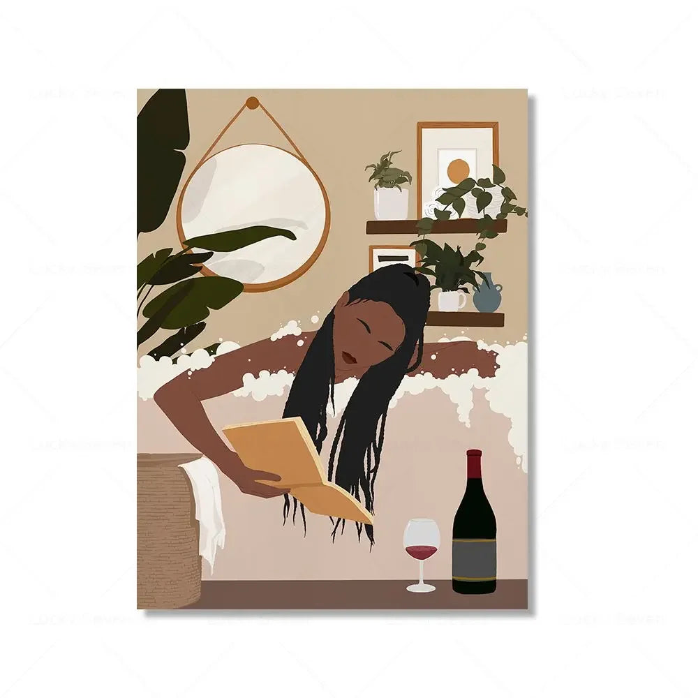 Wall Art Canvas Painting Fashion Black Girl African Woman Reading Posters Coffee Prints Home Wall Picture Living Room Decorat