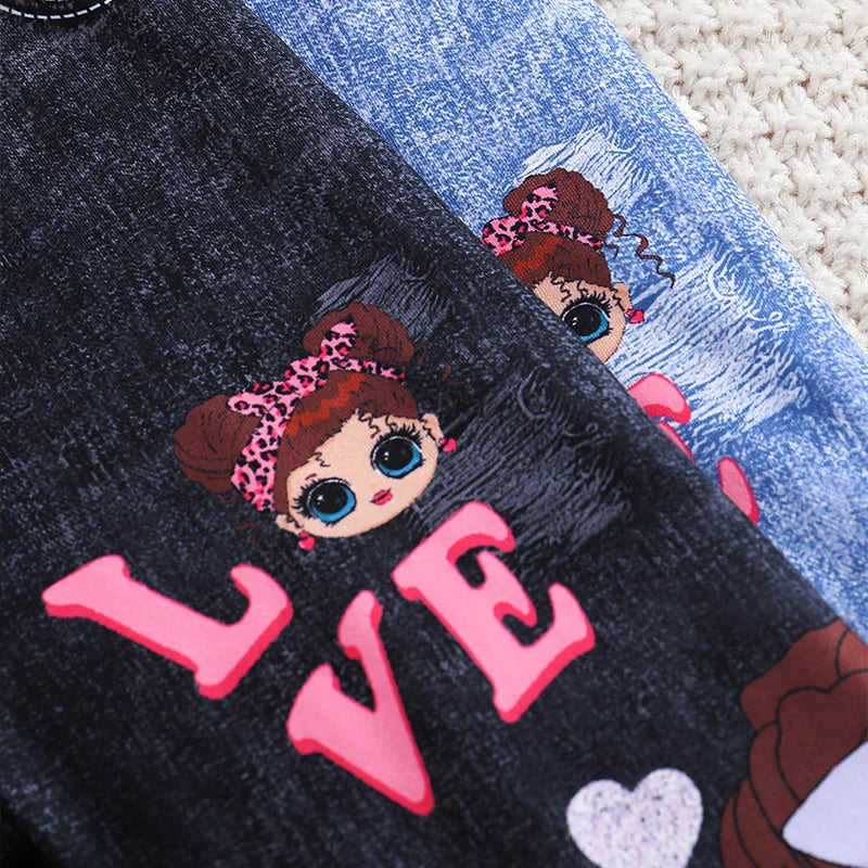 Clearance_Girls' 2pcs Cute Heart & Character Print Soft Knit Leggings - Mock Denim Style - Comfy Summer Outfit_Continuous update