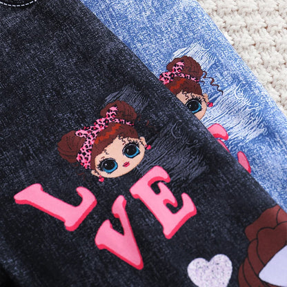 Clearance_Girls' 2pcs Cute Heart & Character Print Soft Knit Leggings - Mock Denim Style - Comfy Summer Outfit_Continuous update