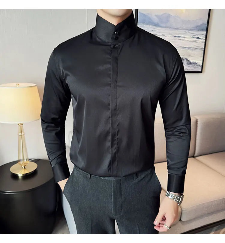 Mens Slim Fit Stand Shirt Fashion High collar Shirts Men Spring Autumn Solid Color Long Sleeve Korean Style Smart Casual Shirts
