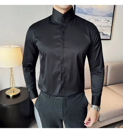 Mens Slim Fit Stand Shirt Fashion High collar Shirts Men Spring Autumn Solid Color Long Sleeve Korean Style Smart Casual Shirts