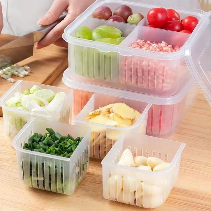 Refrigerator Preservation Box Transparent Double-layer Sealed Box Vegetable Fruit Spring Onion Ginger Garlic Food Grade Drain