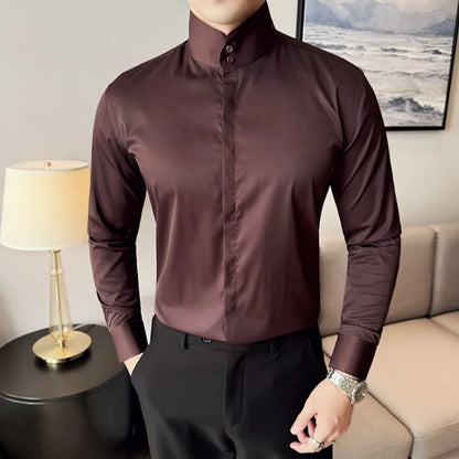 Mens Slim Fit Stand Shirt Fashion High collar Shirts Men Spring Autumn Solid Color Long Sleeve Korean Style Smart Casual Shirts