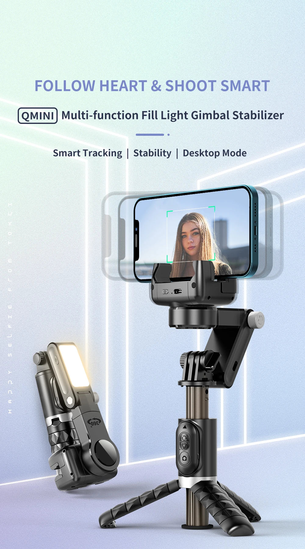 Desktop Gimbal Stabilizer 360° Rotation Smart Track Mode Selfie Stick with Remote Control for iPhone Cell Phone Smartphone