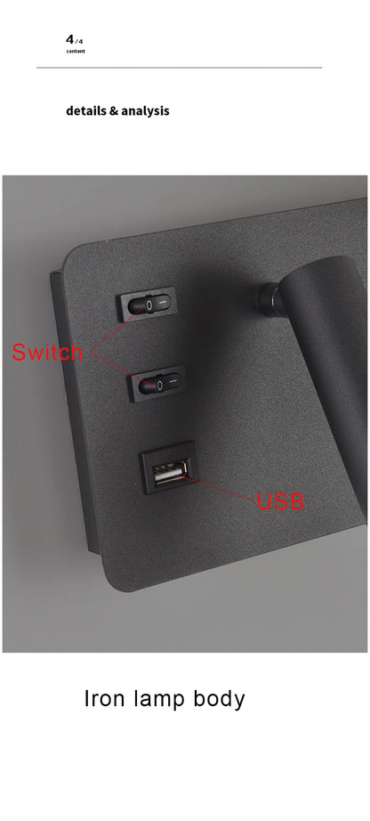 Nordic LED Wall Lamp Modern with Switch USB Wall Light Indoor Light Room Decor Reading Sconces For Hotel Bedside Bedroom Fixture