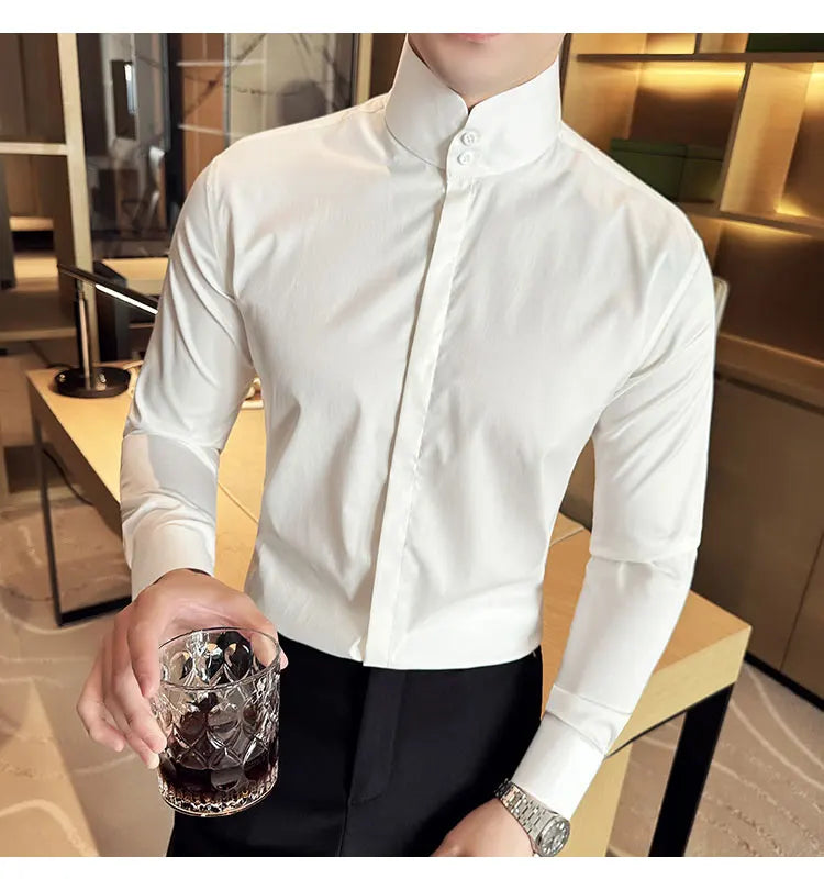Mens Slim Fit Stand Shirt Fashion High collar Shirts Men Spring Autumn Solid Color Long Sleeve Korean Style Smart Casual Shirts