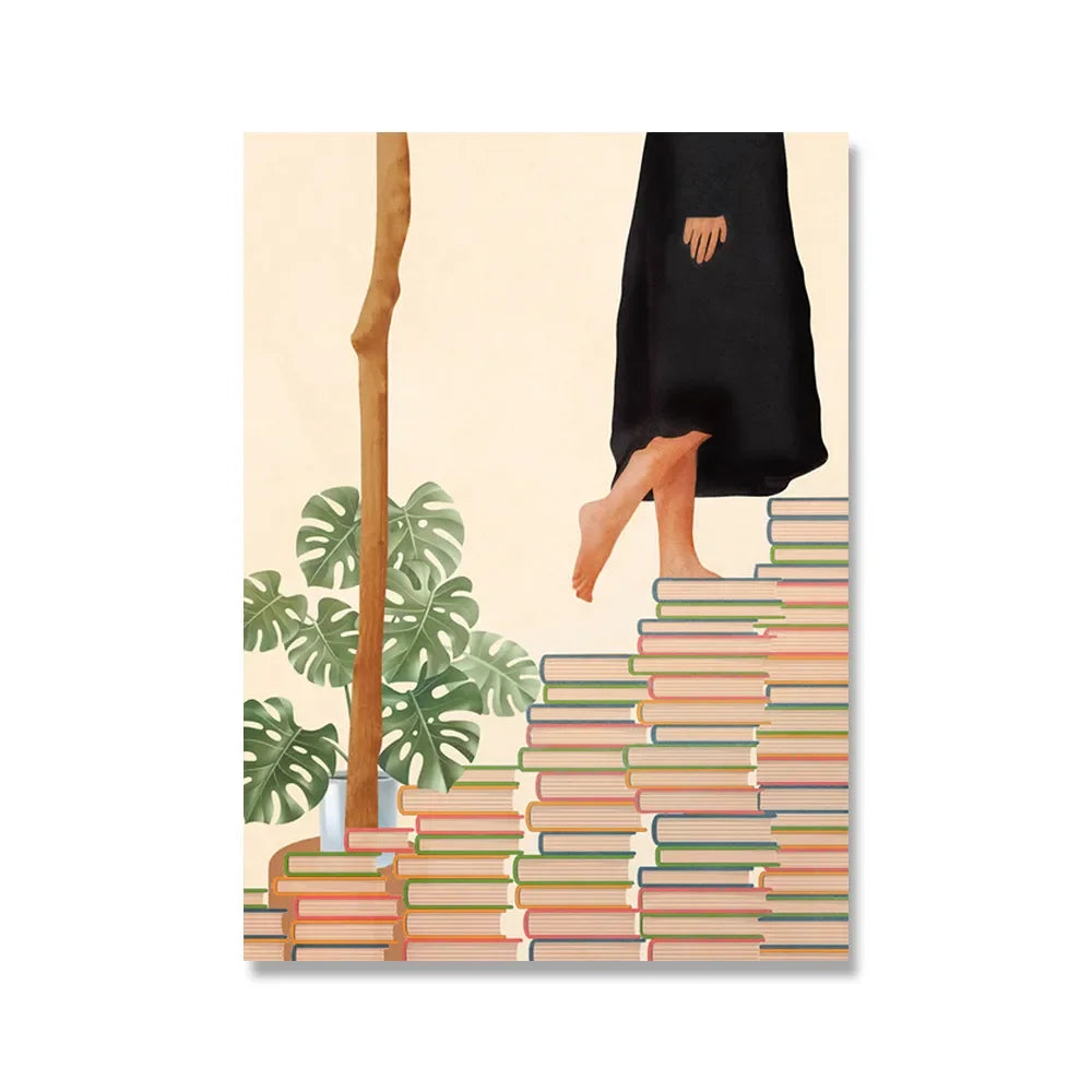 Wall Art Canvas Painting Abstract Boho Girl Book Nordic Posters And Prints Monstera Agave Cactus Wall Pictures For Living Room