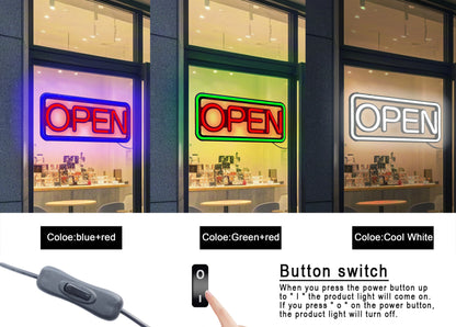 LED neon lights, store business signs, blue flashing lights, OPEN signs for shops and bars
