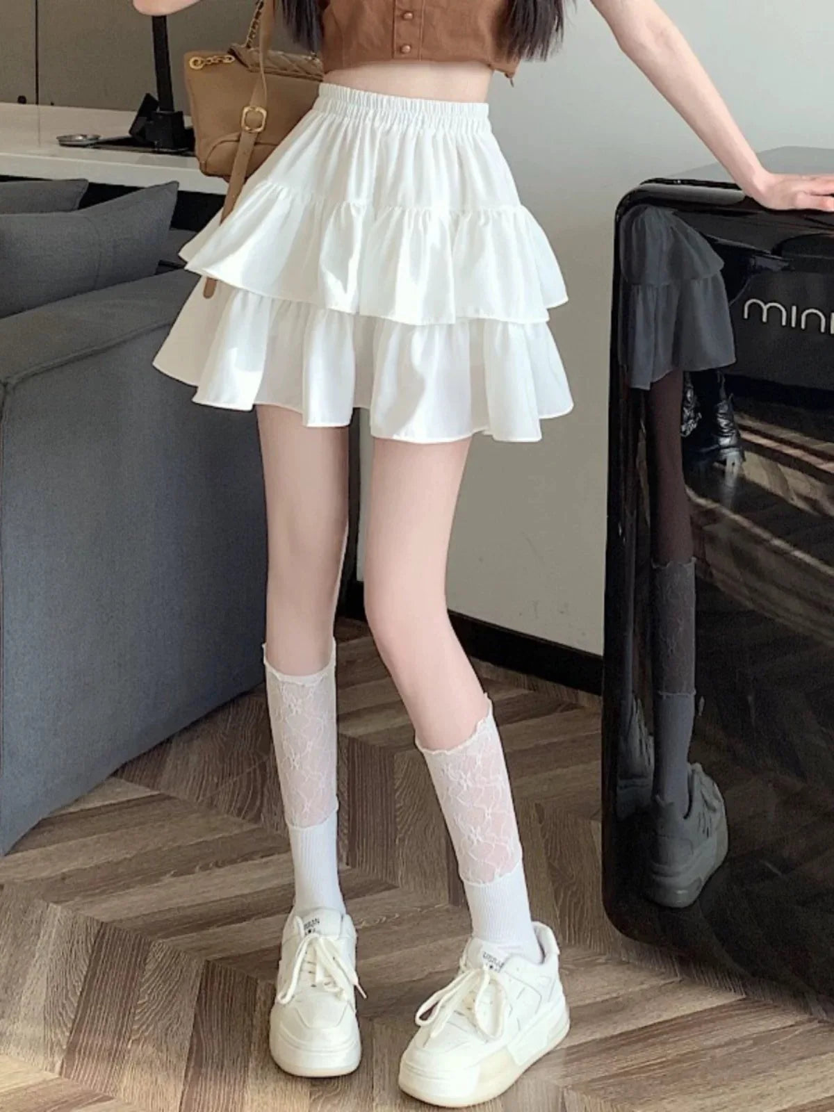 Summer Kawaii Mini A-line Skirt Adorable Flirty High Waist Ruffle Patchwork Lolita Ball Gown Y2K Korean Sweet Women's Clothing