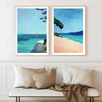 Canvas Painting Wall Art Picture Simple Outdoor Summer Beach Scenery Poster Sunset Surfers Swimming Ocean Living Room Home Decor