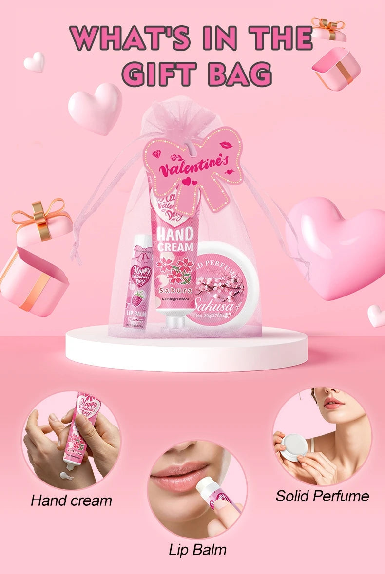 Gift sets 20PCS/box bulk thank you gifts assembly distribution lip balm hand cream perfume pink gift bag and bow card