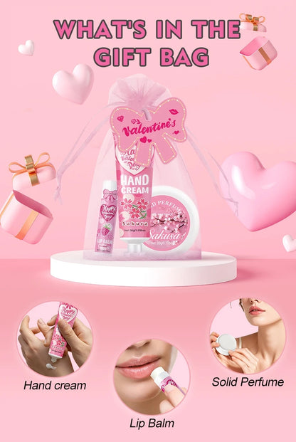 Gift sets 20PCS/box bulk thank you gifts assembly distribution lip balm hand cream perfume pink gift bag and bow card
