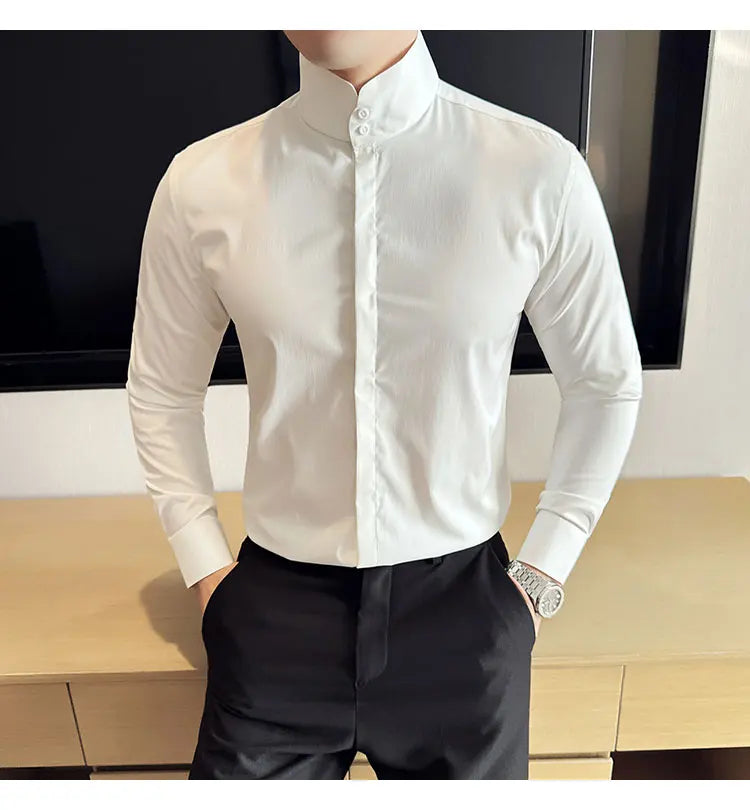 Mens Slim Fit Stand Shirt Fashion High collar Shirts Men Spring Autumn Solid Color Long Sleeve Korean Style Smart Casual Shirts