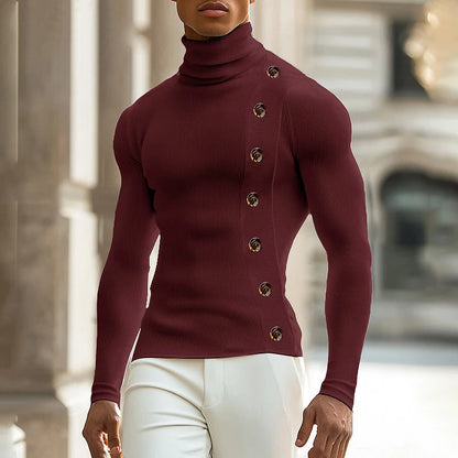 Stretch Slim Fit Bottoming T Shirts Mens Spring Trendy Irregular Button Design T-shirts Fashion Solid Color Men Turtleneck Tees