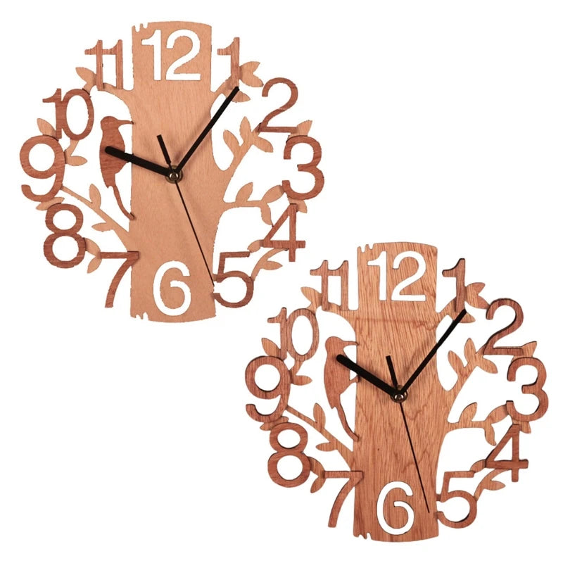 3D Wall Clock 23cm Dia Creative  Tree Shaped with Bird Wooden Wall Clock Home Kitchen Office Decoration Number Silent Clock