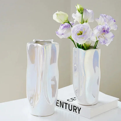 Ceramic Vase Luxury Electroplated Silver Flower Arrangement Irregular Porcelain Hydroponic Vase Ornament Interior Art Decoration