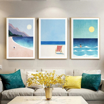 Canvas Painting Wall Art Picture Simple Outdoor Summer Beach Scenery Poster Sunset Surfers Swimming Ocean Living Room Home Decor