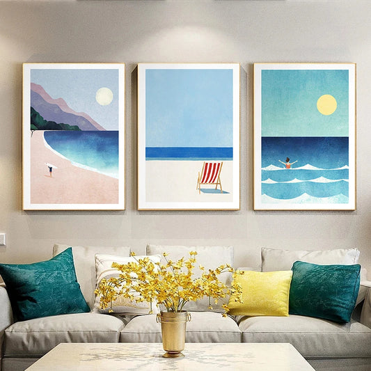 Canvas Painting Wall Art Picture Simple Outdoor Summer Beach Scenery Poster Sunset Surfers Swimming Ocean Living Room Home Decor